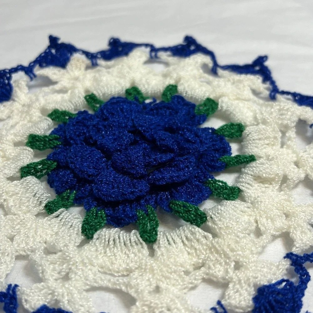 2 hand crochet matching‎ doilies white Blue Green Handmade Vintage Granny Chic